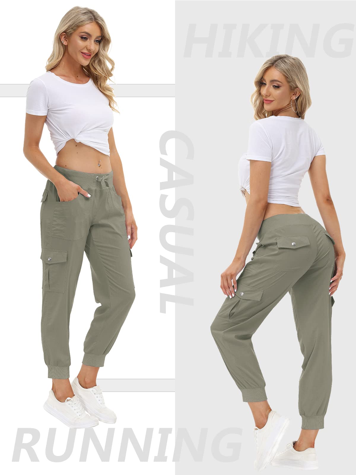 MoFiz Women's Hiking Pants Cargo Joggers Sweatpants with Pockets Lightweight Quick Dry Outdoor Summer Casual Athletic Elastic Waist Grey Khaki XL