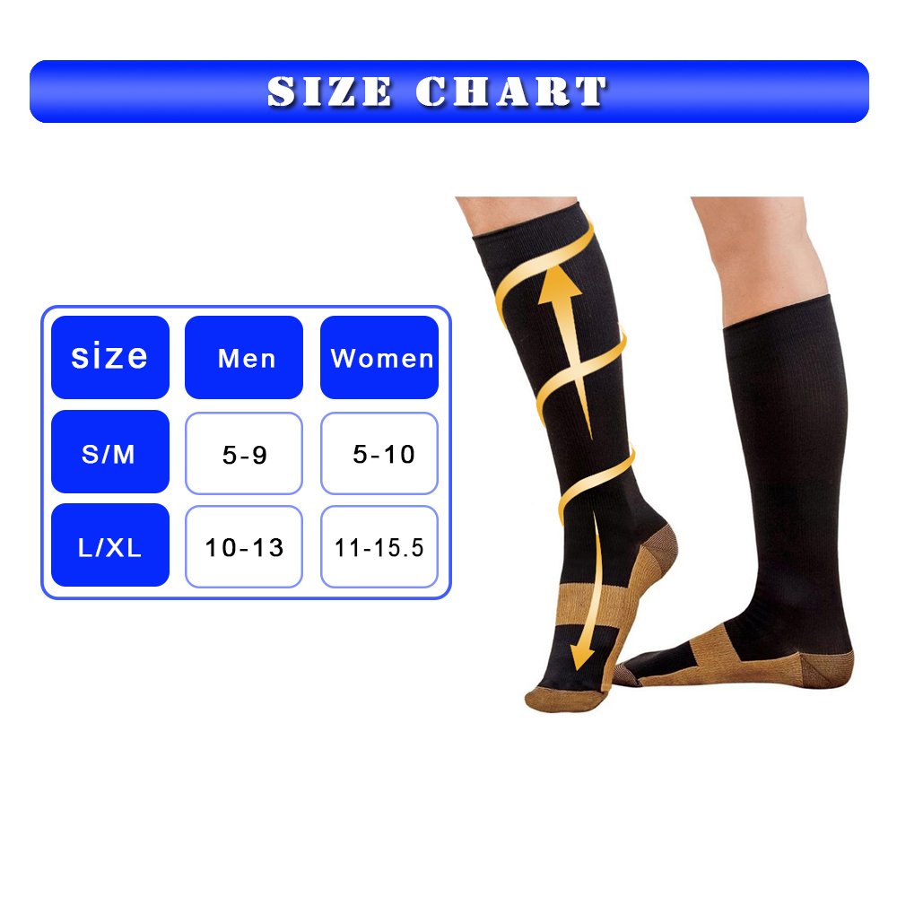 Graduated Copper Compression Socks 6 Pairs Knee High Socks for Men Women Pain Ache Relief Stockings 15-20 mmHg (XXL, Black)