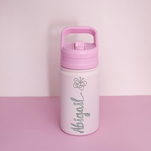 Personalized Water Bottle for Kids - Stainless Steel, 12 oz, Name & Icon, Leakproof Lid, Great Gift for Girls - Pink