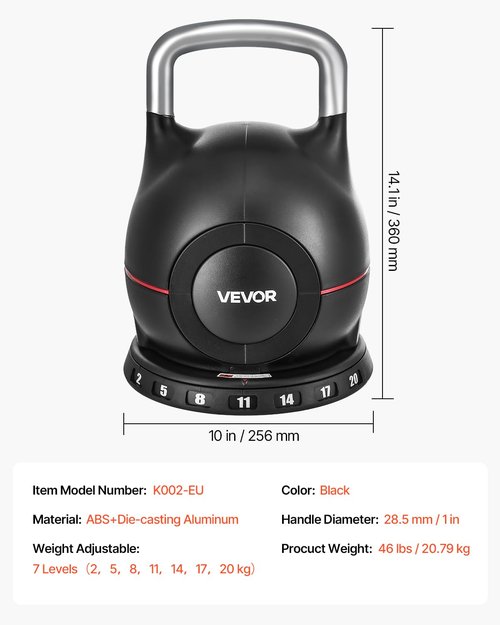 VEVOR Kettlebell, Adjustable Kettlebell with 7 Weight Levels (5, 11.5, 18, 24.5, 31, 37.5, 44 lbs), Die-Cast Aluminum and ABS Material, for Grip Strength Training, Full-body Workout & Cross-Training