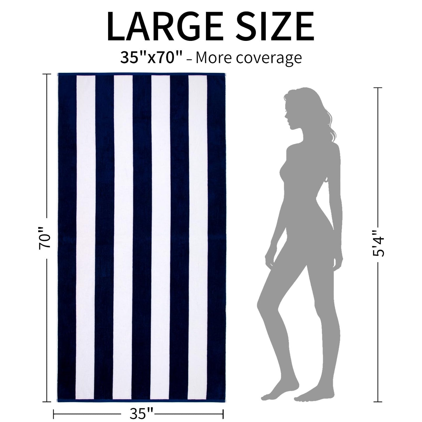 GABAO Large Beach Towel Oversized - 35"x70" Extra Big Cotton Pool Towel, XL Striped Swim Towel for Adults (Navy Blue)