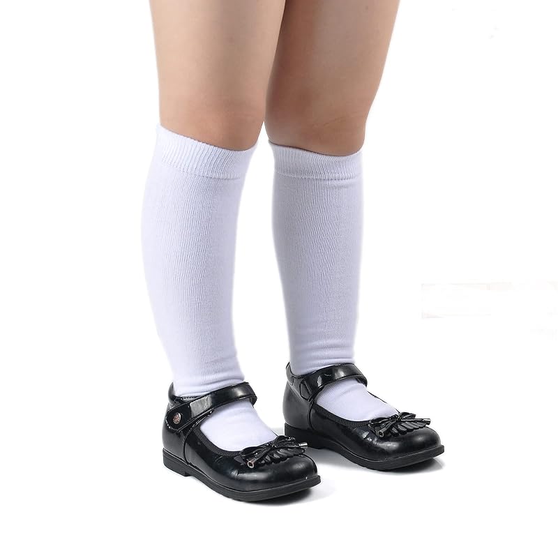Knee High Crew Socks for Kids 3-14 - Seamless Toe Cotton School Uniform Pack - Plain White 4-pack