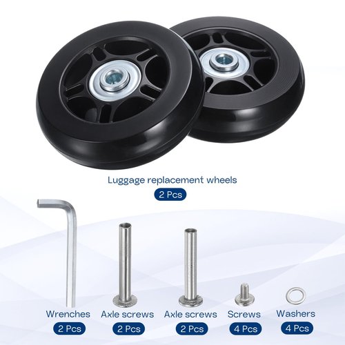HiPicco Luggage Suitcase Replacement Wheels, 70x19mm Rubber Swivel Caster Bearings Repair Kit - Include 2 PU Bearing Wheels & Washers, Wrenches & Axle Screw for Trolley Bag, Caster Board