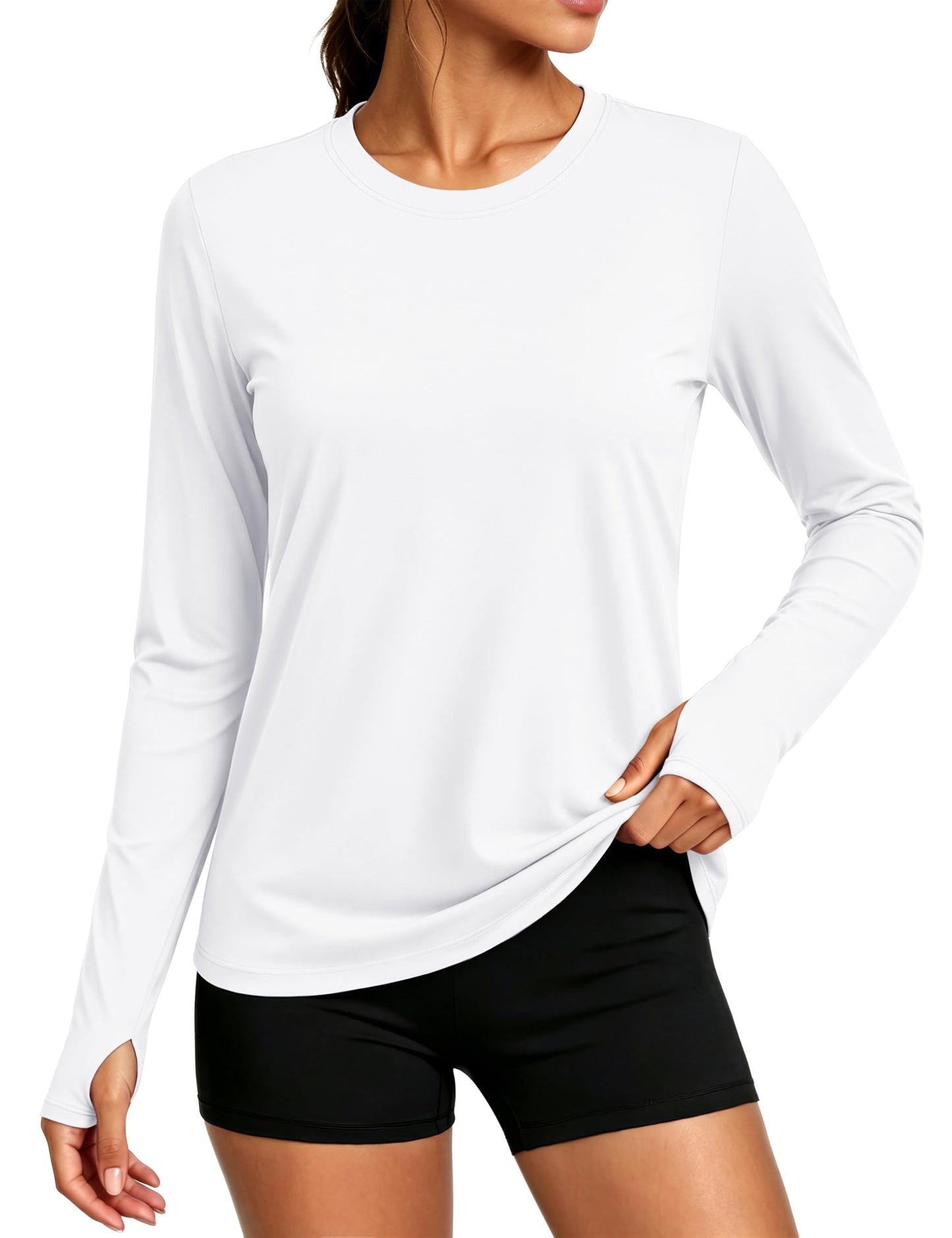 MAGCOMSEN White Long Sleeve Shirt Thumb Hole Women SPF 50 Sun UV Protection Lightweight Breathable Swim Workout Tops M