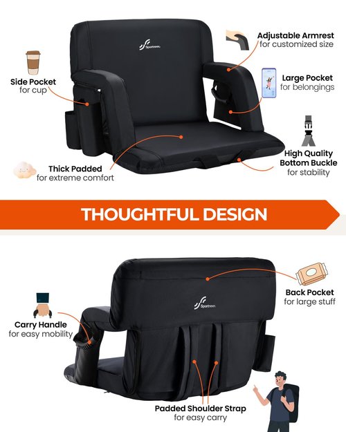 Sportneer Bleacher Chairs with Back and Cushion: 2.5'' Thick Comfy Cushion 24'' Extra Wide Stadium Seats with Armrest, 6 Adjustable Angle Bleacher Seat for Sport Events Concerts Parks Camping Fishing