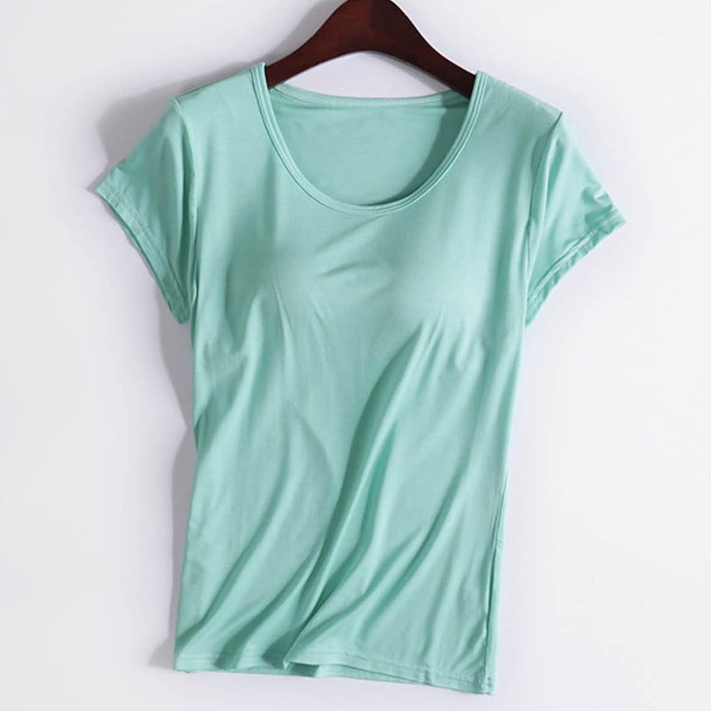 JiXiang Shirts with Built in Bras for Women Short Sleeves Crewneck Padded Tunics Tops Comfy Athletic Shelf Bra Active Tees