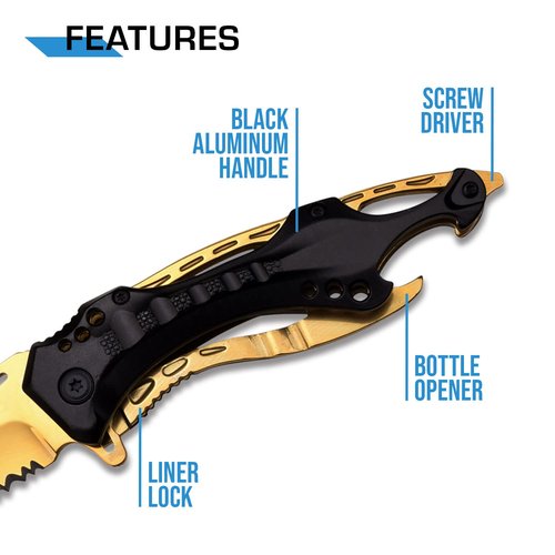 MTECH USA Folding Knife, 3.75-Inch Half-Serrated Blade, Titanium Coating, Glass Breaker, Pocket Clip (Black Gold)