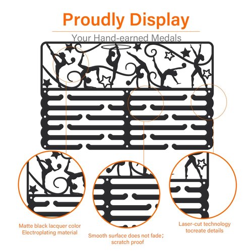SUPERDANT Rhythmic Gymnastics Medal Hanger Display Ball Gymnastics Medal Holder Award Metal Medals Organizer Ribbon Display Holder Rack Wall Mounted Race 6 Rows 24 Hangers Non-Slip Hooks 40x25cm