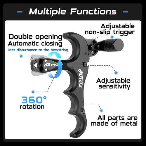 Bow Release for Compound Bow,Aluminum 360°Rotatable,Black 4 Finger Archery Release Trigger,for Both Right and Left Handers,for Both Youth and Adults,Adjustable Sensitivity and Angle,Tool Included