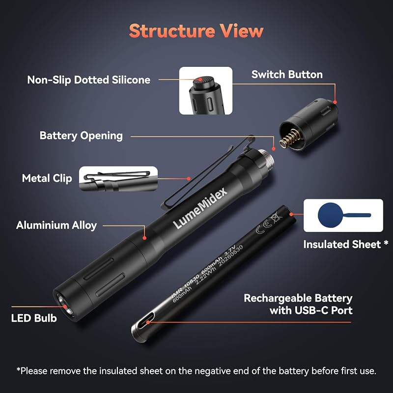 Rechargeable Pocket EDC Flashlight Pen Light - 4 Brightness Modes, 5.28" Slim Aluminum