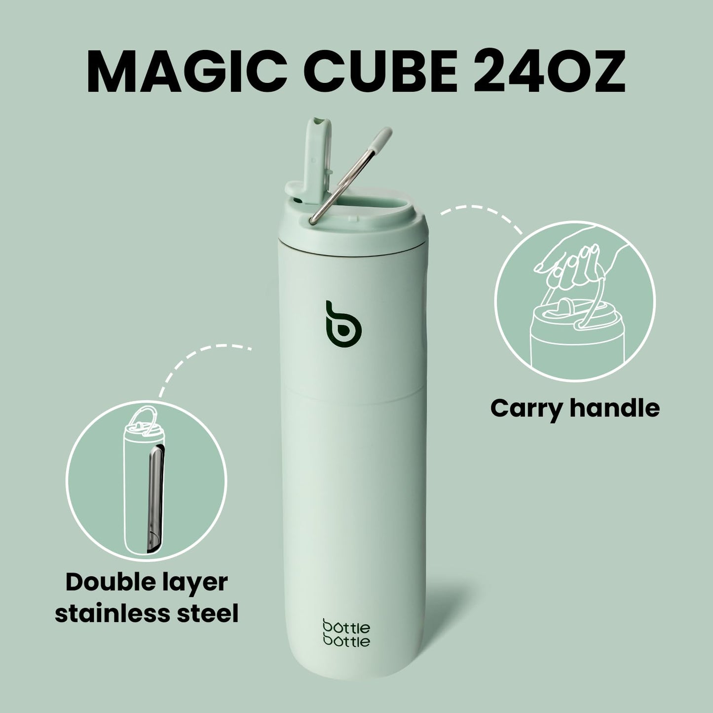BOTTLE BOTTLE Insulated Water Bottle 24oz with Straw Lid and Handle for Sports Travel Gym Stainless Steel Water Bottles Double-Wall Vacuum Metal Leak Proof BPA-Free (Light Green)