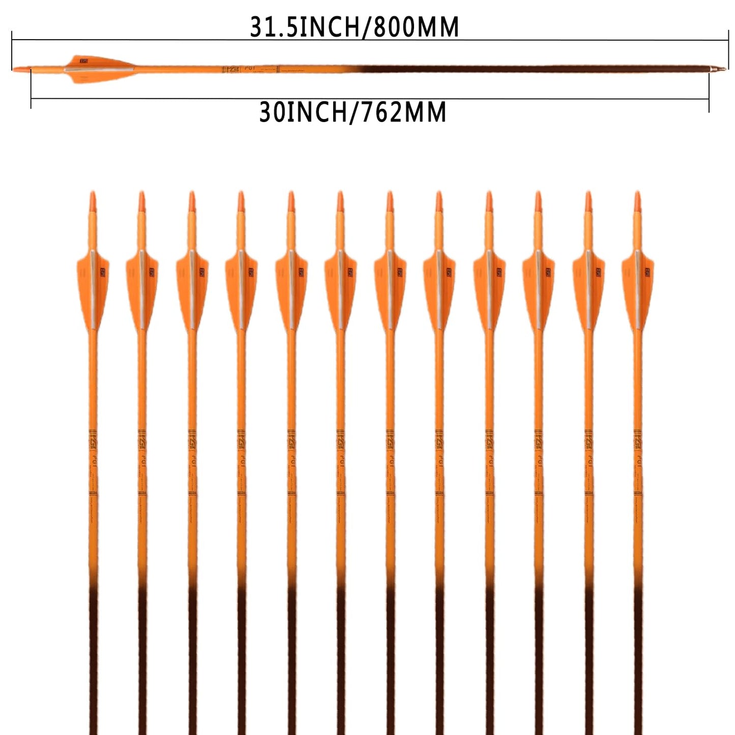 PG1ARCHERY 30Inch Carbon Arrows for Hunting Archery Removable Tips Spine 400 with 3“ Vanes Suit for Compound & Recurve Bow (Pack of 12) (White Orange)