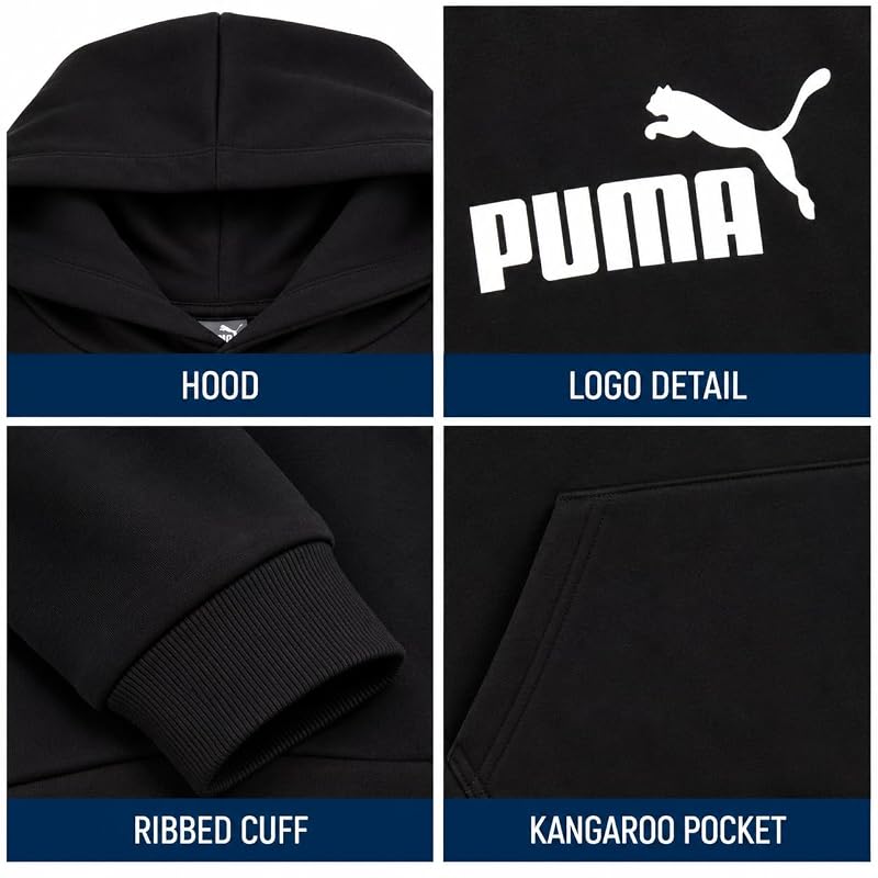 Puma Boys Fleece Hoodie Pullover with Kangaroo Pocket - Black Core+8