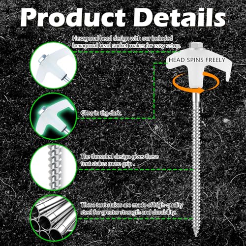 White 12 Pack 8-Inch Heavy Duty Screw-In Tent Stakes with Glow-In-The-Dark Anchors