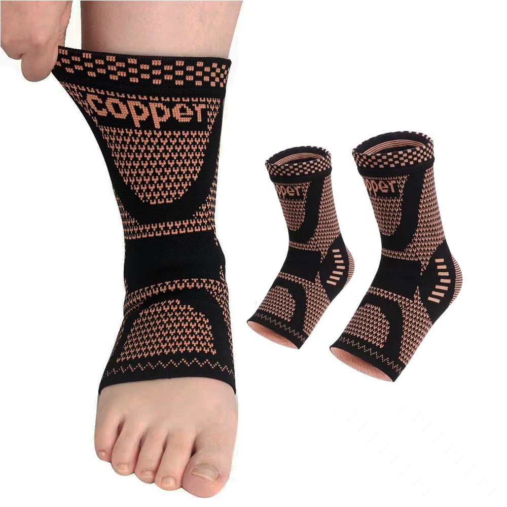 Copper Ankle Brace Copper Infused Support for Men & Women (Pair), Best Ankle Compression Sleeve Socks for Plantar Fasciitis, Sprained Ankle, Achilles Tendon, Pain Relief, Recovery, Sports Daytime or