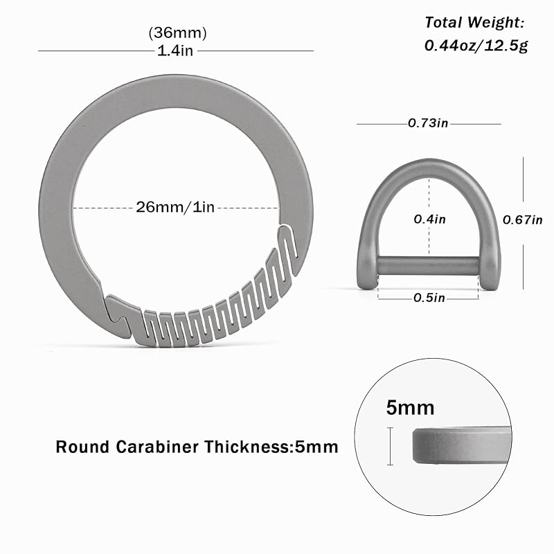 TISUR Titanium Carabiner Key Ring Clip, Gray Round Variation