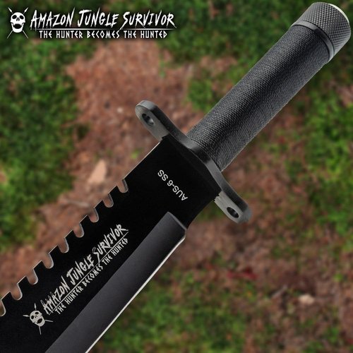 Black Jungle Hunter® Survival Knife | 8 1/2" Stainless Steel Blade | Sawback Edge | Cord-Wrapped Handle With Survial Kit | Built-In Compass | Includes Leather Sheath