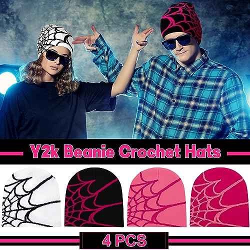 Jeyiour 4 Pcs Y2k Beanies Spider Web Pattern Beanie Gothic Acrylic Knitted Hat Casual Streetwear Outdoor for Men Women