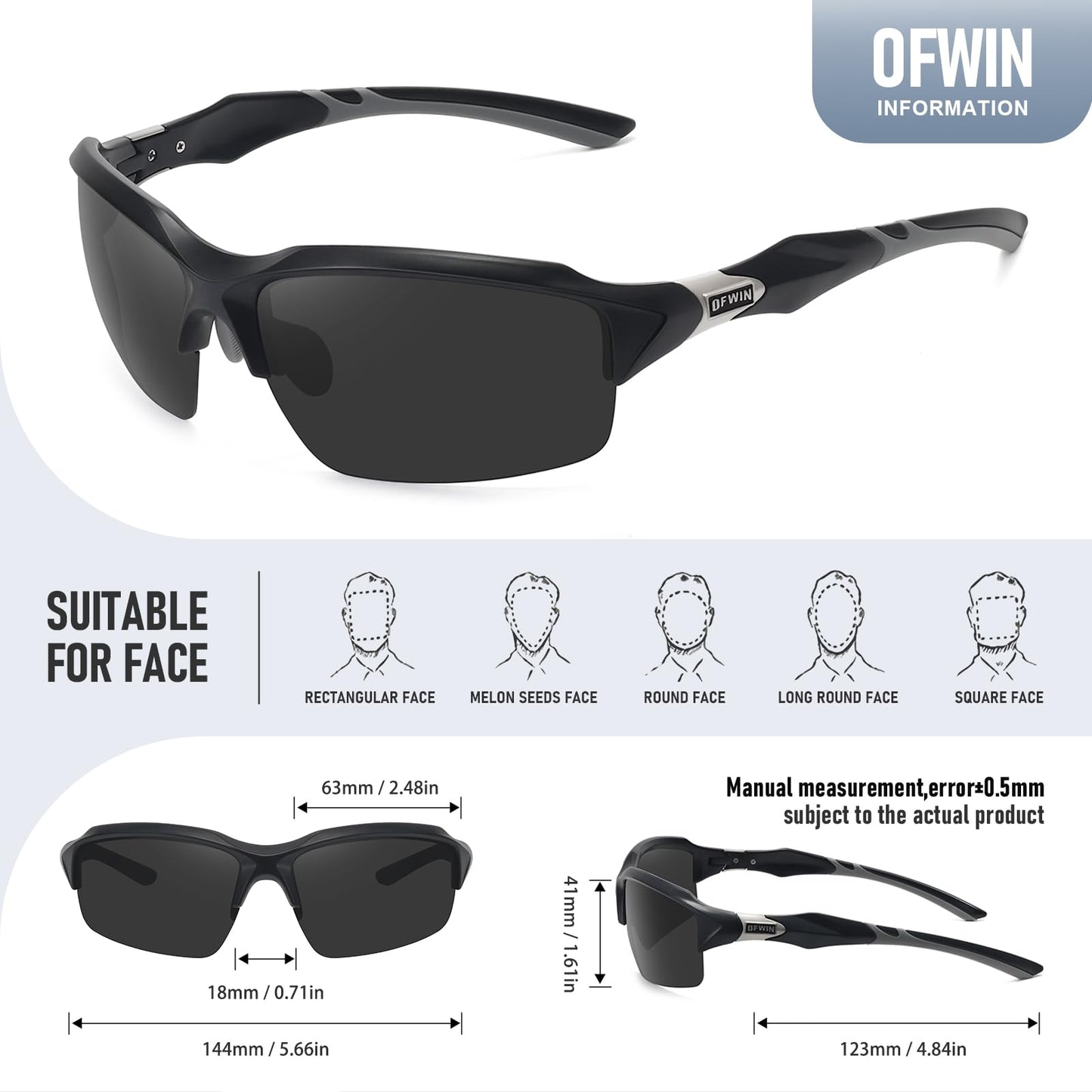 Ofwin Polarized Sports Sunglasses for Men Women Wrap Around Half Frame Cycling Fishing Bike Running Sun Glasses UV Protection Matte Black Frame/Gray Lens, standard