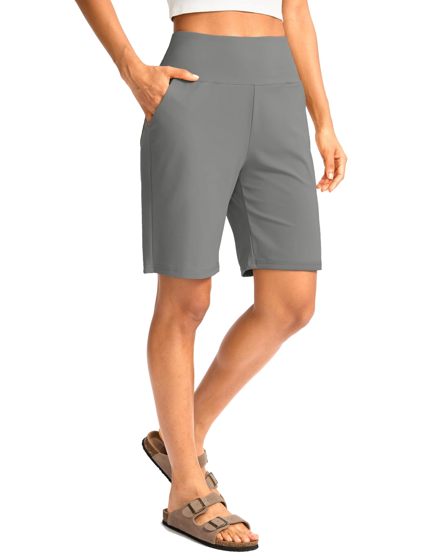 G Gradual Women's Bermuda Long Shorts with Pockets 9" High Waisted Knee Length Shorts for Women Walking Athletic Workout(Light Grey,L)