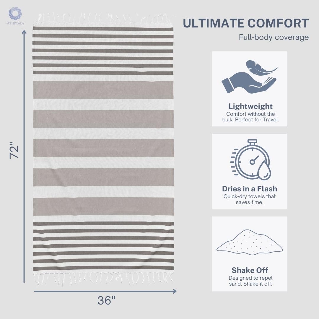 9Threads Cotton Turkish Beach Towel with Towels Oversized 36"x72" Pool Absorbent Extra Large Quick Dry Sand Travel Towel (Mélange Drift, 4 Pack)