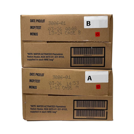 2026 Inspection U.S. Military Surplus MREs A and B Case – 2 Cases of 12 each Meals ready Eat | Genuine Military Rations with Flameless Heaters | Long Shelf-Life Emergency Food Supply