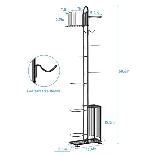 Basketball Ball Storage Rack 7 Tier Standing Basketball Holder Vertical Garage Ball Storage Ball Sports Equipment Storage Organizer with Baskets and Hooks for Volleyball Football Badminton, Black
