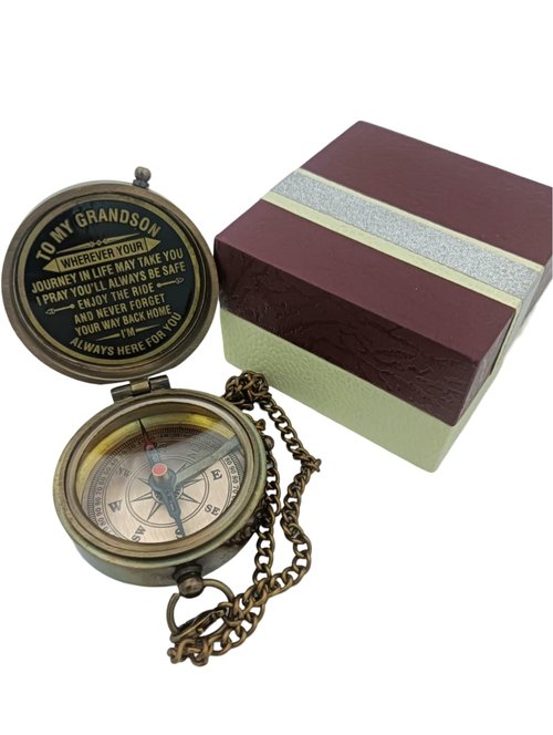Decor&More to My Grandson Brass Prayer Compass with Wooden Box Religious Gift for Men, Graduation Gift Hiking & Traveling