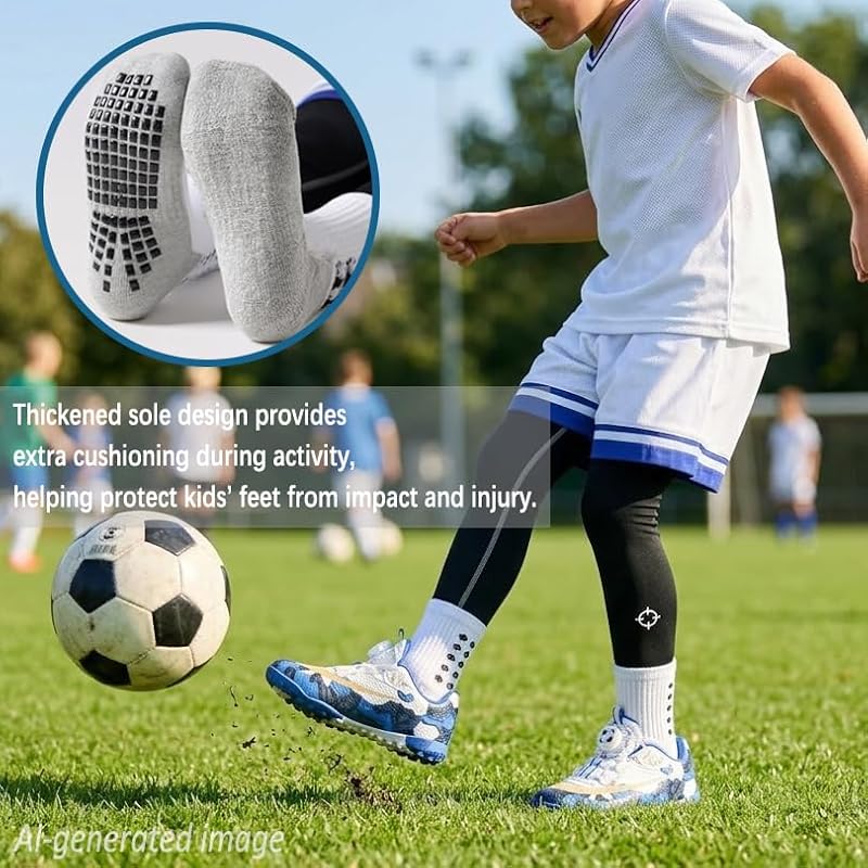 Kids Soccer Grip Socks 10-12 Years Black White 6 Pairs Cushioned Non Slip Athletic Socks for Boys