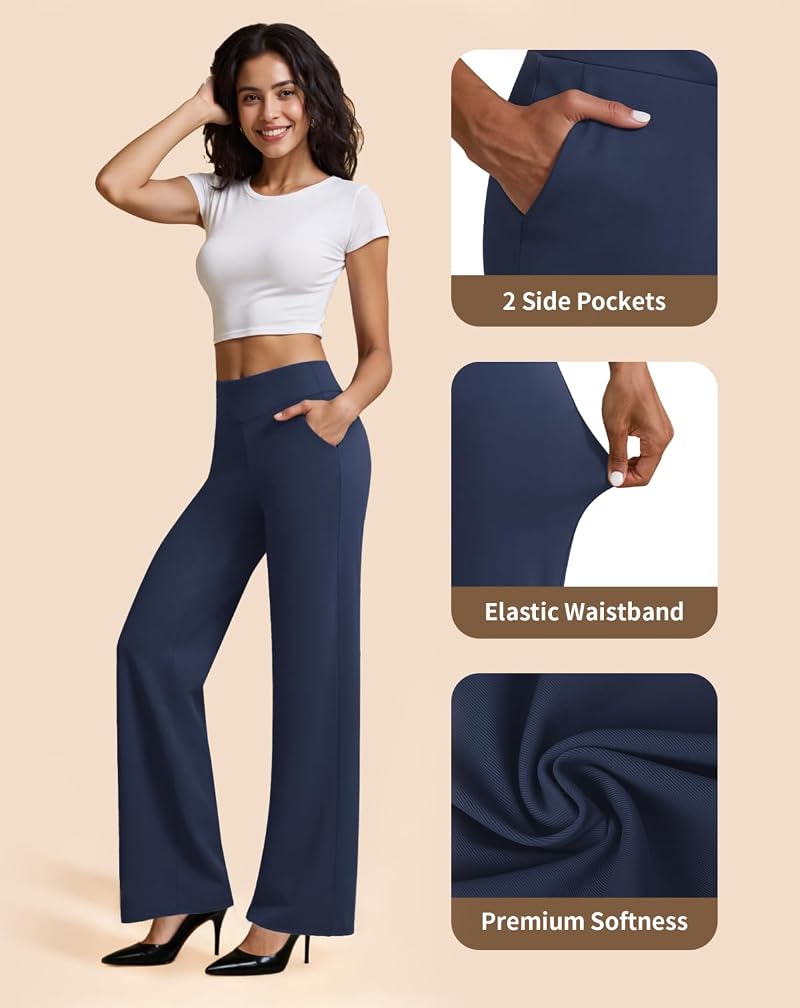 Navy Blue Women's Stretchy Yoga Dress Pants with Pockets - High Rise, 4-Way Stretch