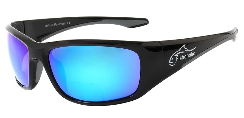 Fishoholic Polarized Bi-Focal Fishing Sunglasses with 1.5x, 2.0x or 2.5x (Variation: Black +2.5 Blu)