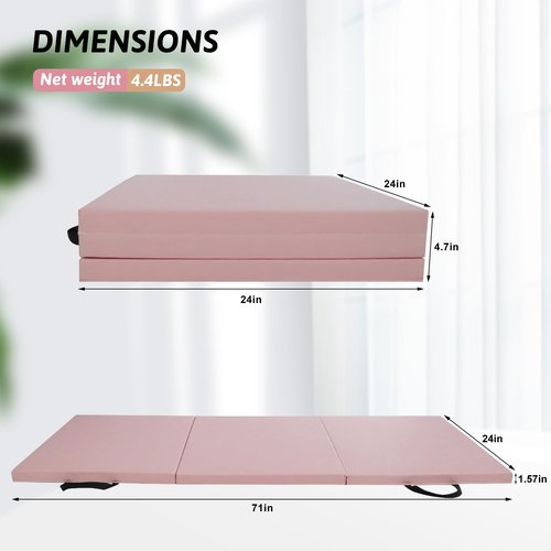 Wansenya Folding Tri-fold Gymnastics Mat,6 FT x 2 FT PU Leather Tumbling Mat with Carrying Handles,Waterproof Exercise Mat for Stretching Yoga Cheerleading Martial Arts,Pink