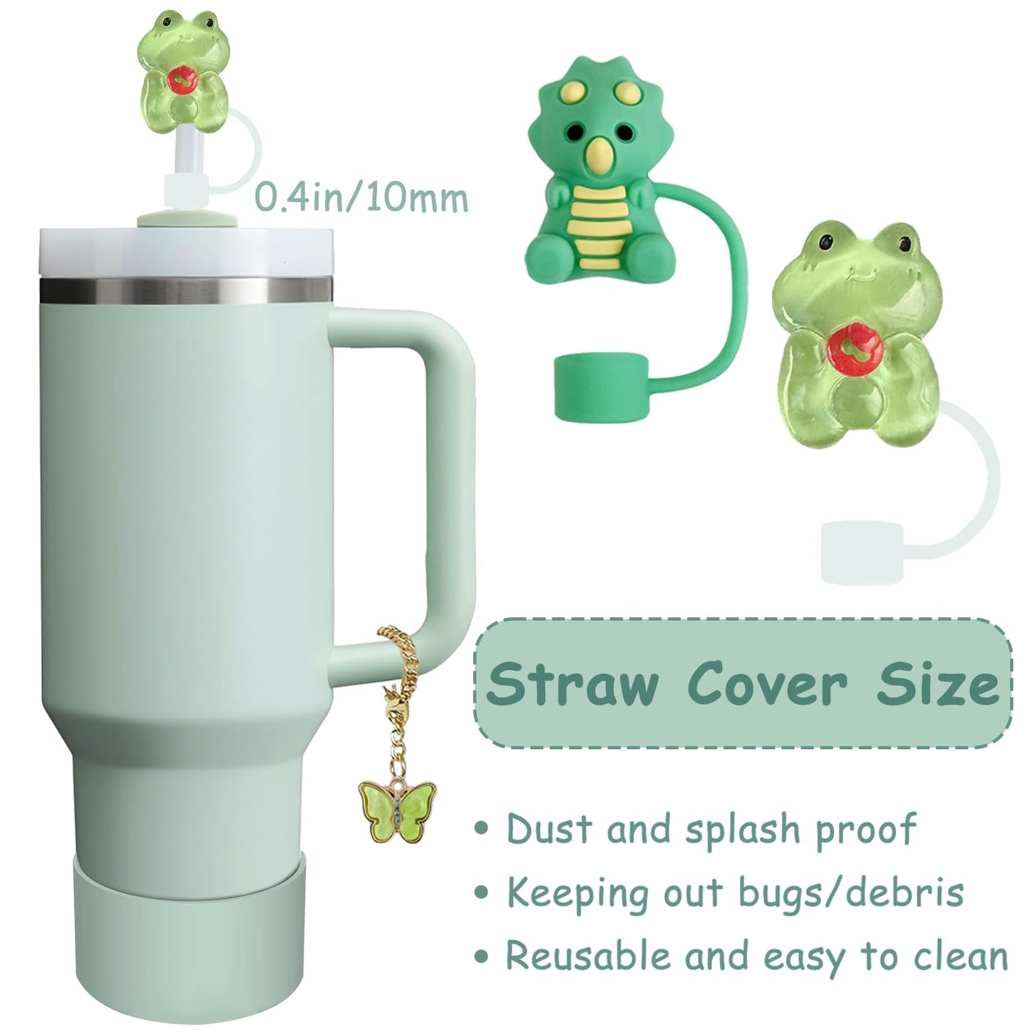 Stanley Cup Accessories Set,Including 2 Pcs 0.4in Straw Cover, 1 Silicone Spill-Proof Stopper, 1 Cute Handle Charm, 1 Silicone Boot Fits Stanley 40&30 Oz Tumbler (Eucalyptus Green)