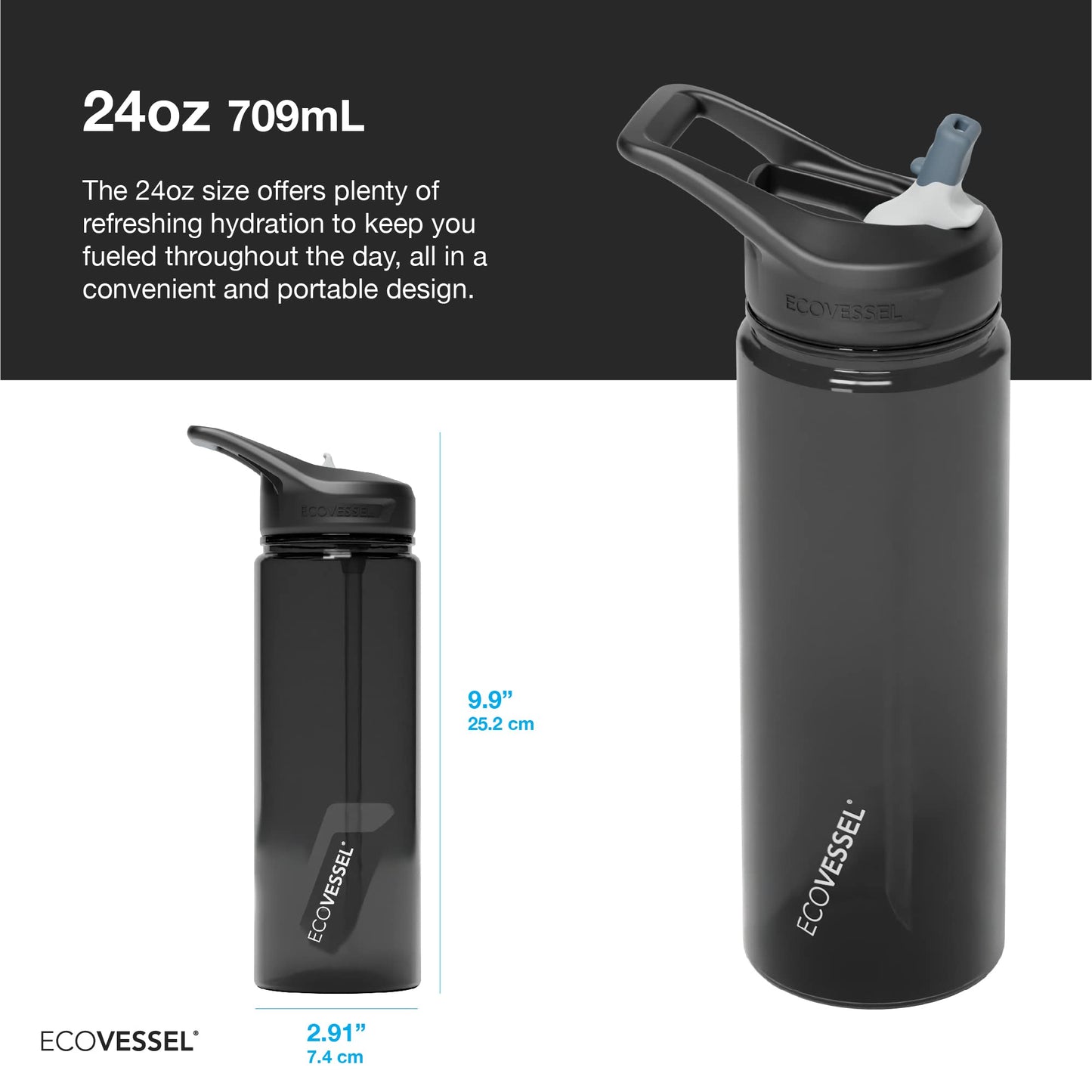 EcoVessel WAVE Tritan Plastic Sports Water Bottle with Flip Top Straw, Leak Proof Lid, and Carry Handle Reusable Water Bottle for Gym 24 oz (Forest Horizon)