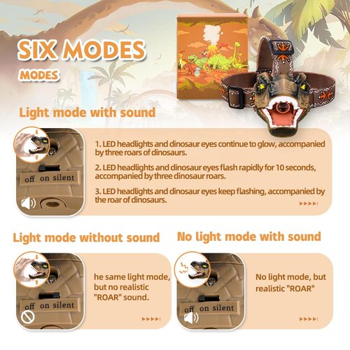Niovexium LED Dinosaur Headlamp for Kids, Children's Toy Flashlight T-Rex Dinosaur Toys for Age 3 4 5 6 7 8 9 Years Old Kids, Camping Hiking Gear for Boys(Brown)