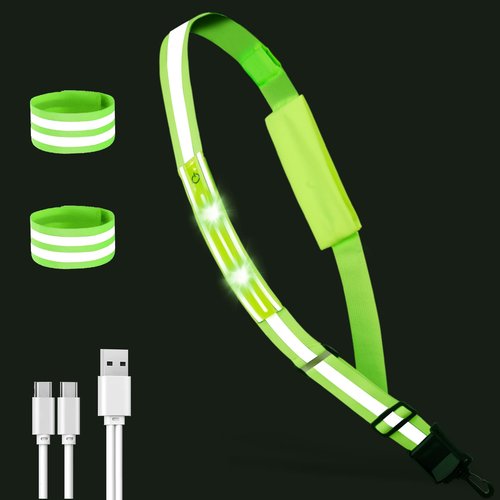 Pomerol LED Reflective Belt: High Visibility Night Safety Belt with 4 Light Colors, 3 Modes, USB Rechargeable, Adjustable for Runners & Walkers