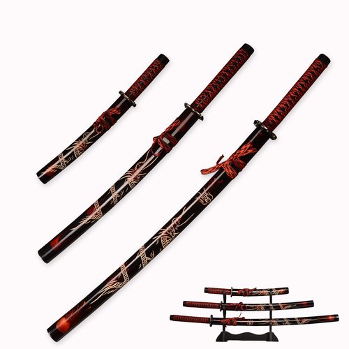 3pc Set Japanese Samurai Sword with Display Stand,Iaido Katana Engraved with Dragon Pattern On The Scabbard Carbon Steel Blade Real Sword for Display Decoration and Gift