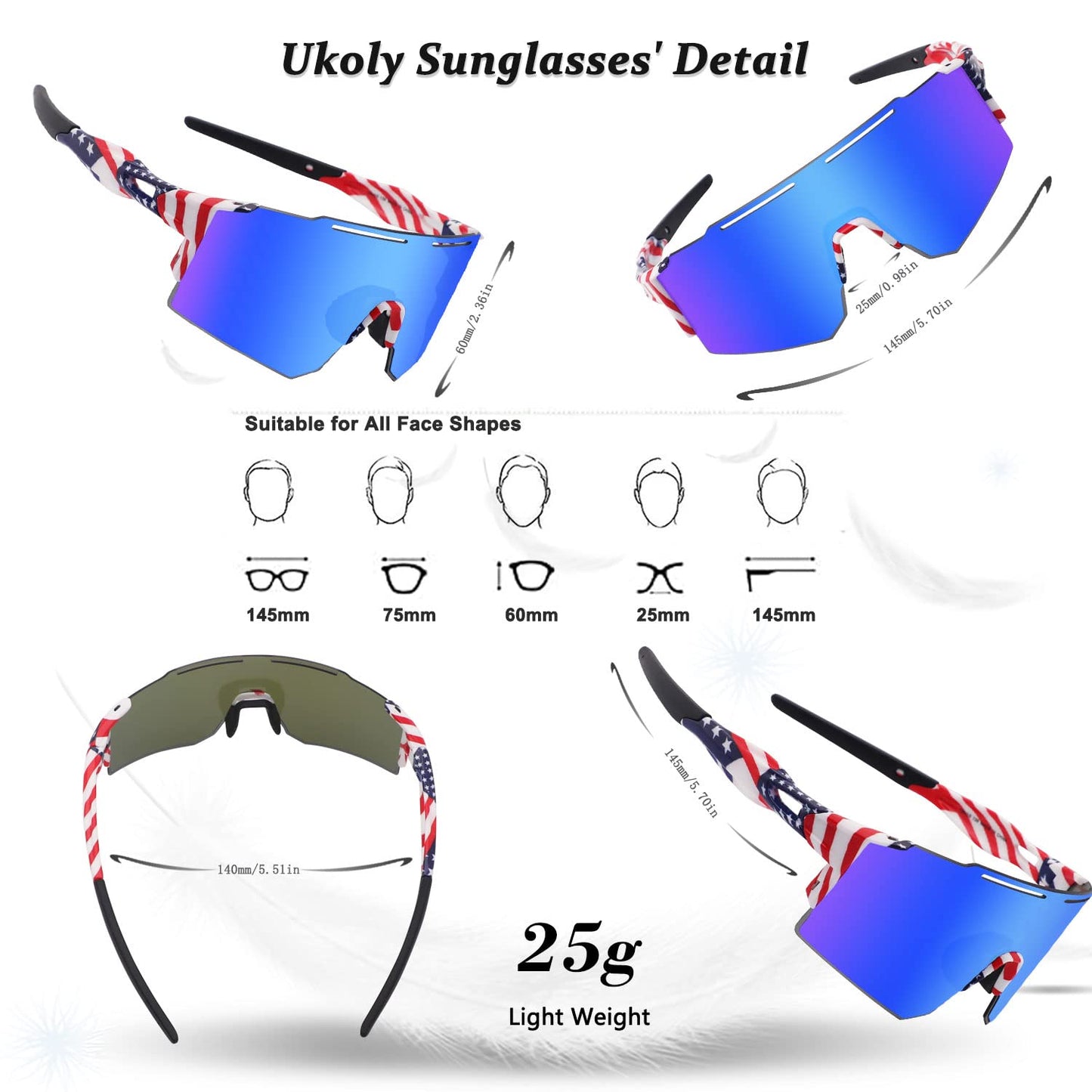 Ukoly Cycling Sunglasses with Interchangeable Nose Pad Youth Men Women, Sports Sunglasses, Fishing Baseball glasses
