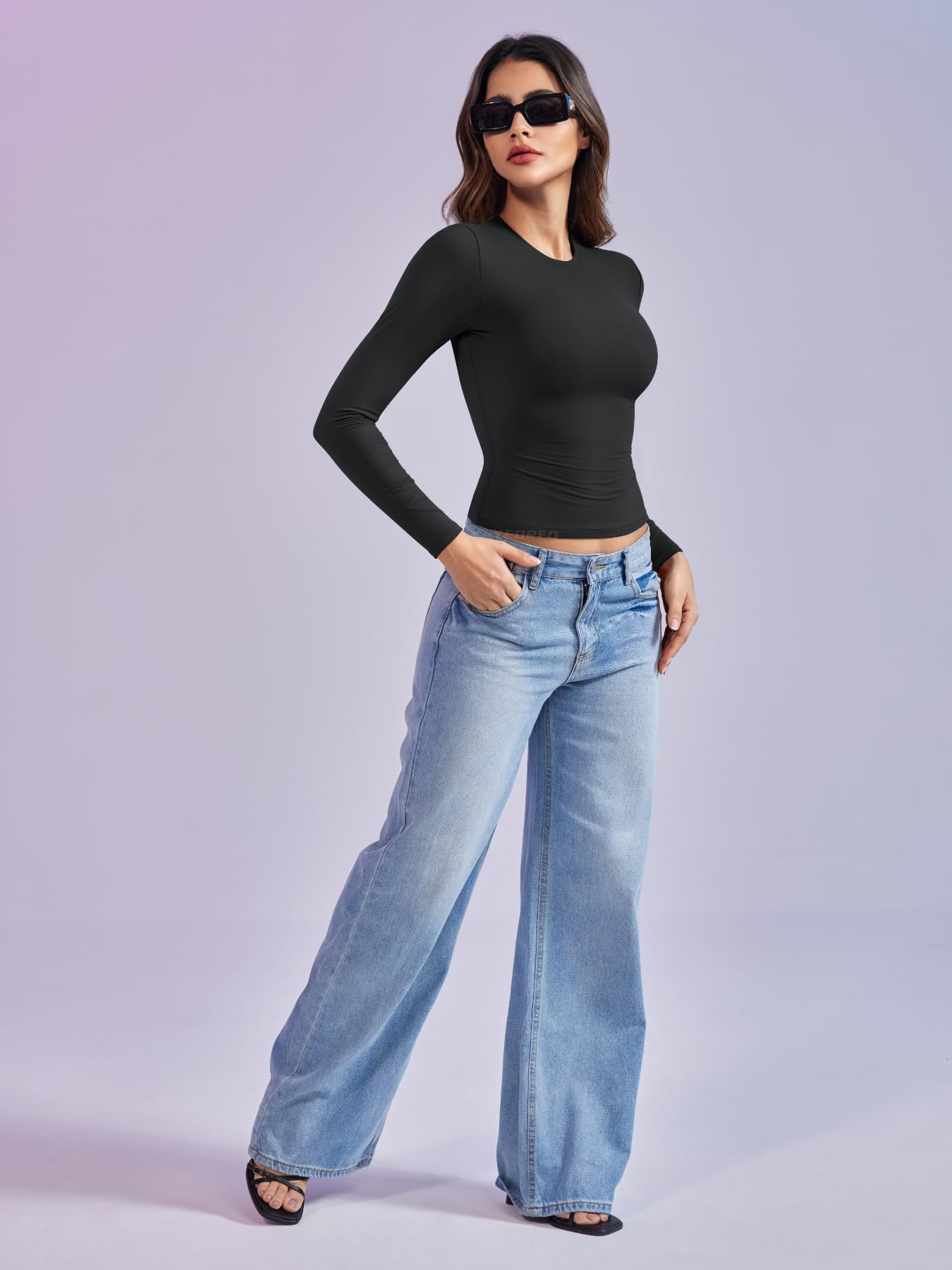 YEOREO Long Sleeve Shirts for Women y2k Tops Double Lined Basic Tee Crew Neck Going Out Sweeney Workout Undershirt Black L