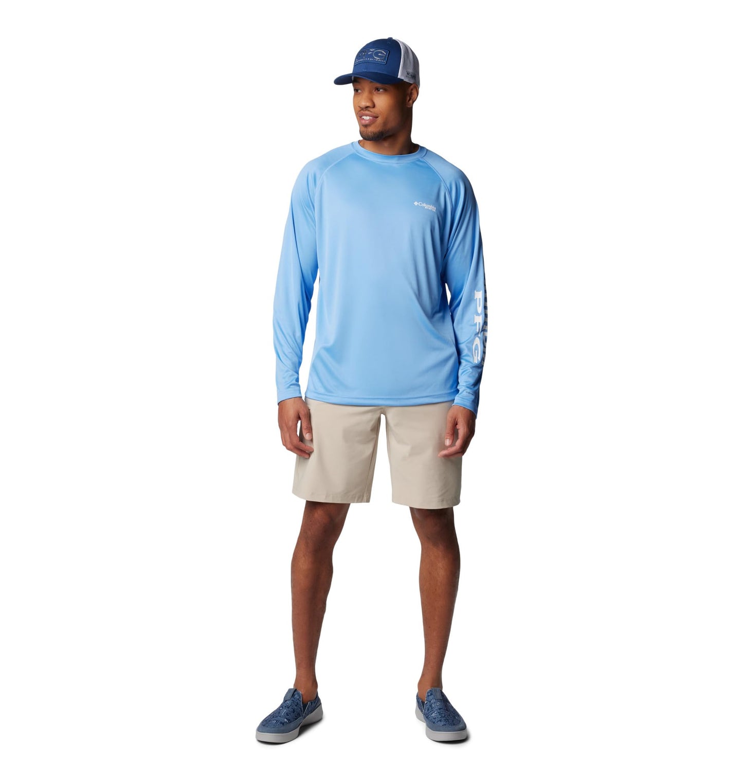 Columbia Men's PFG Terminal Tackle Long Sleeve Fishing Shirt, White Cap/White Logo, Large Tall