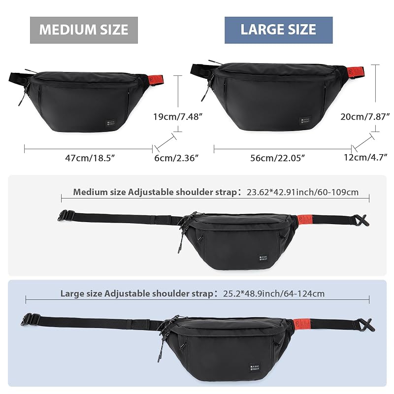 SUNMOP Large Crossbody Fanny Pack for Men & Women, Waterproof Belt Bag with 5 Zippers - B-Black-M