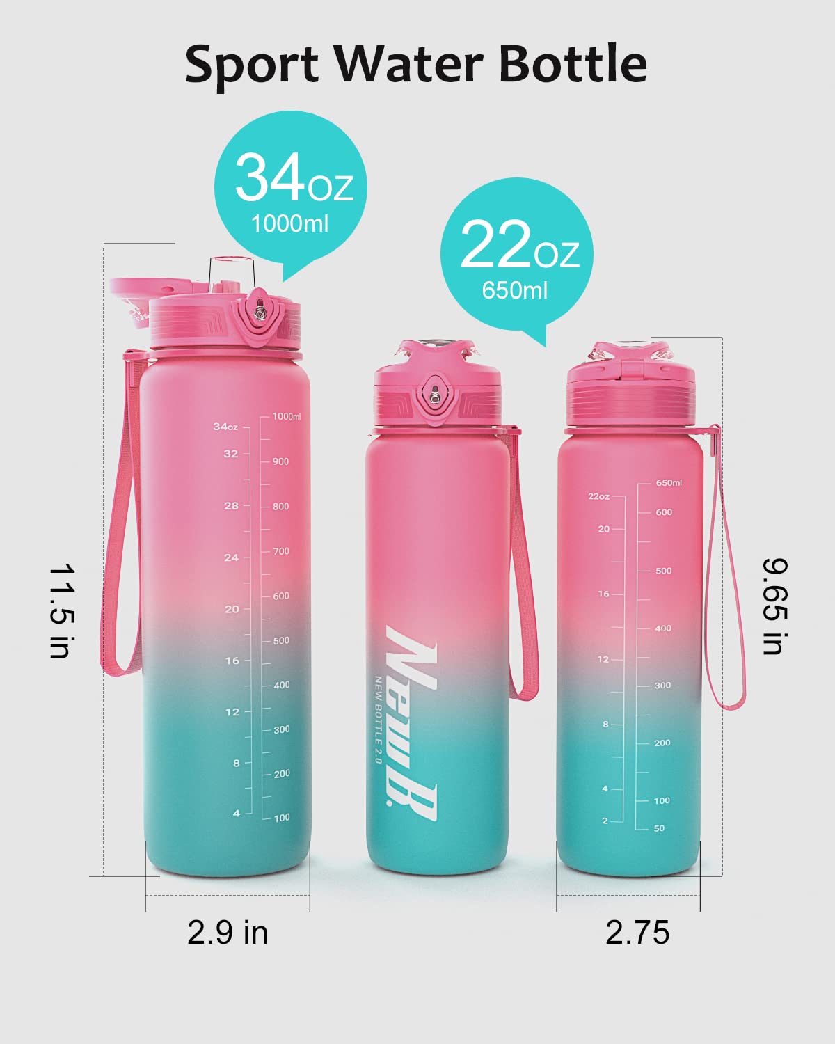 Pluralla One Touch Sport Water Bottle (Pack of 1) with Carry Handle, Leak Proof, Flip Top Lid, BPA Free, Tritan Material Water Bottle, Ideal Gift for Travel, Gym and Outdoor Fitness | 22 oz, 34 oz