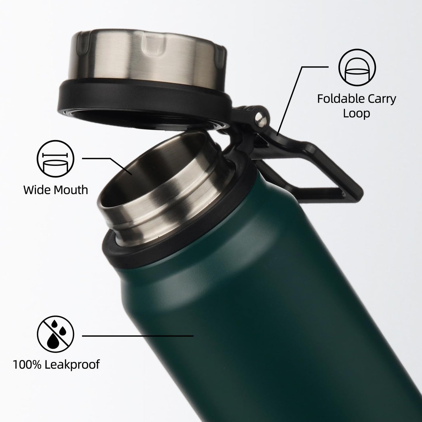 BJPKPK 40oz Insulated Water Bottle with Handle BPA Free Stainless Steel Travel Thermal Flask Reusable Large Water Bottle,Dark Green