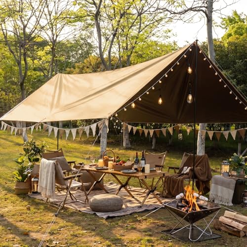 Gold Waterproof Camping Tarp Hammock Rain Fly 14.7x14.7ft with Poles - Multifunctional Tent Shelter