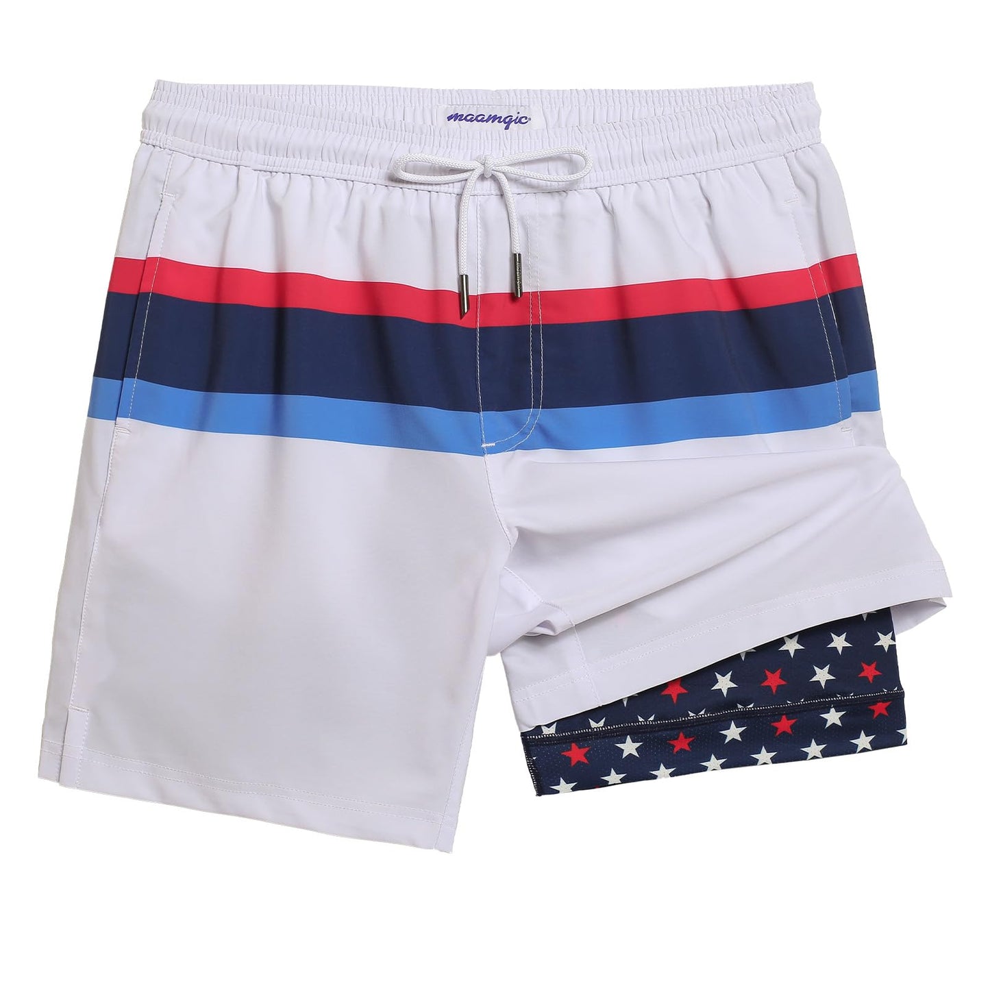 maamgic Mens Swim Trunks with Compression Liner 7 Inch Inseam Mens Bathing Suit Quick Dry Swimming Trunks Swimsuit Flag Stars and White Medium