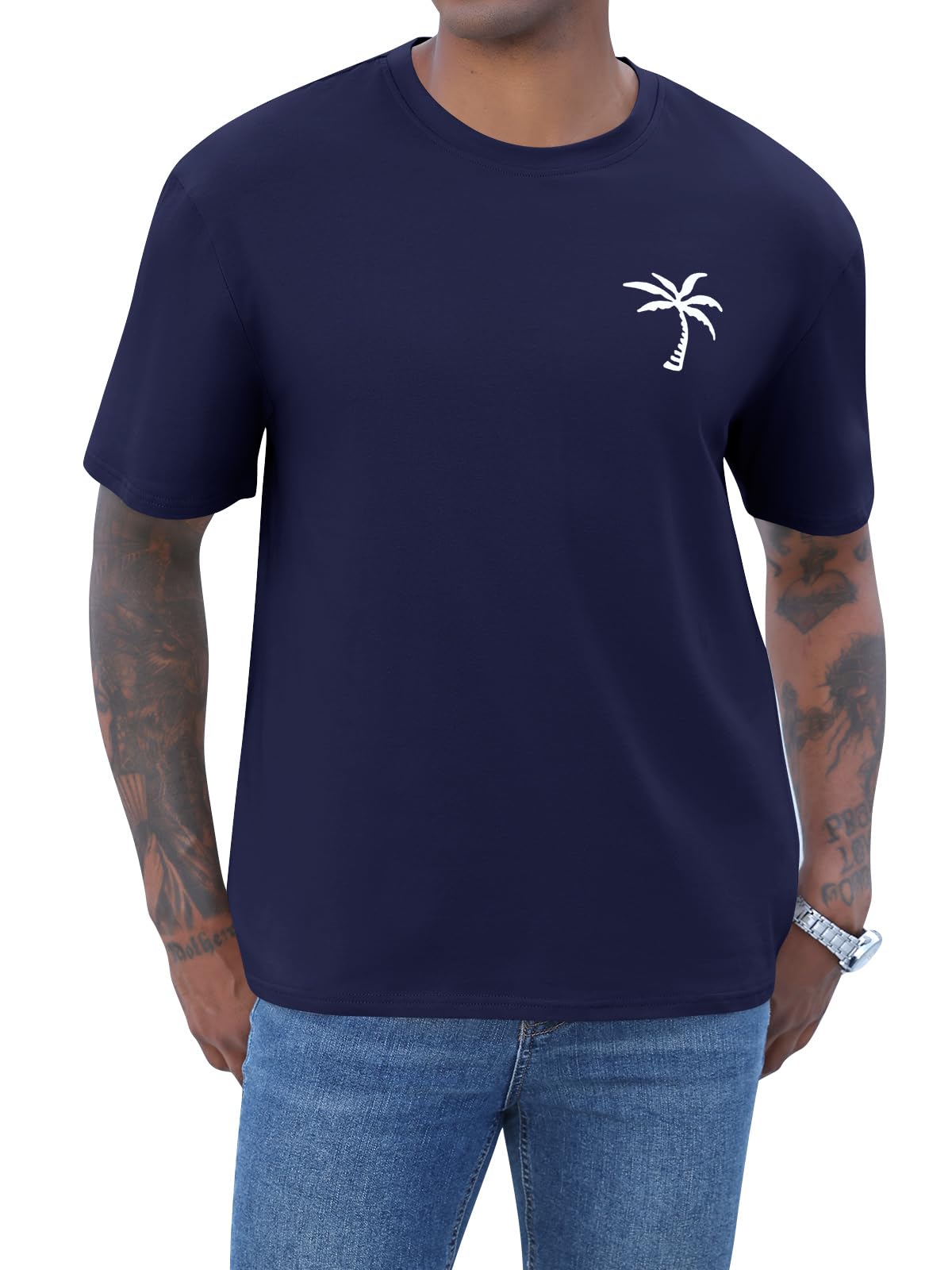 iudam Mens Short Sleeve T-Shirt Graphic Loose Fit Tee Crew Neck Palm Tree Summer Shirts (Navy Blue,XL)