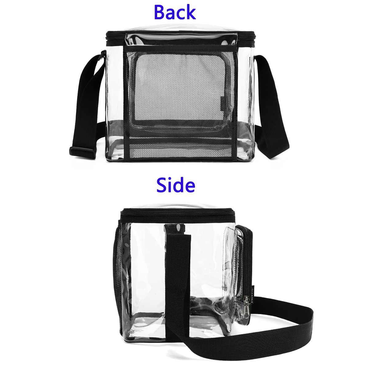 FlowFly Insulated Reusable Lunch Bag Adult Large Lunch Box for Women and Men with Adjustable Shoulder Strap,Front Zipper Pocket and Dual Large Mesh Side Pockets, Clear