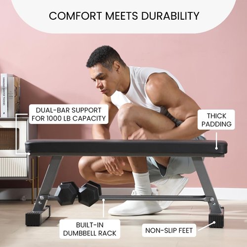 Essential Flat Weight Bench for Your Home Gym – Heavy Duty Workout Bench for Bench Press and Strength Training Exercise – Compact Weight Benches Designed for Home Use