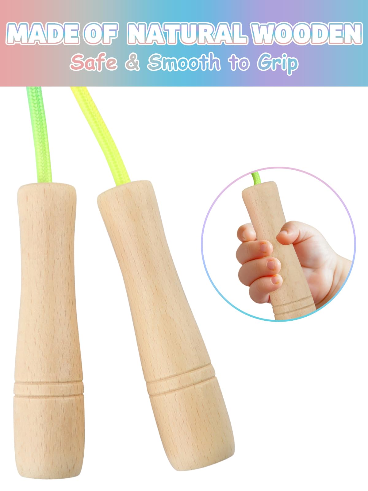 Lorvain Jump Rope for Kids, 8.5FT Adjustable Cotton Skipping Rope with Wooden Handle for Girls and Boys Fitness Workout Exercise Outdoor Fun Activity, Rainbow Jump Rope