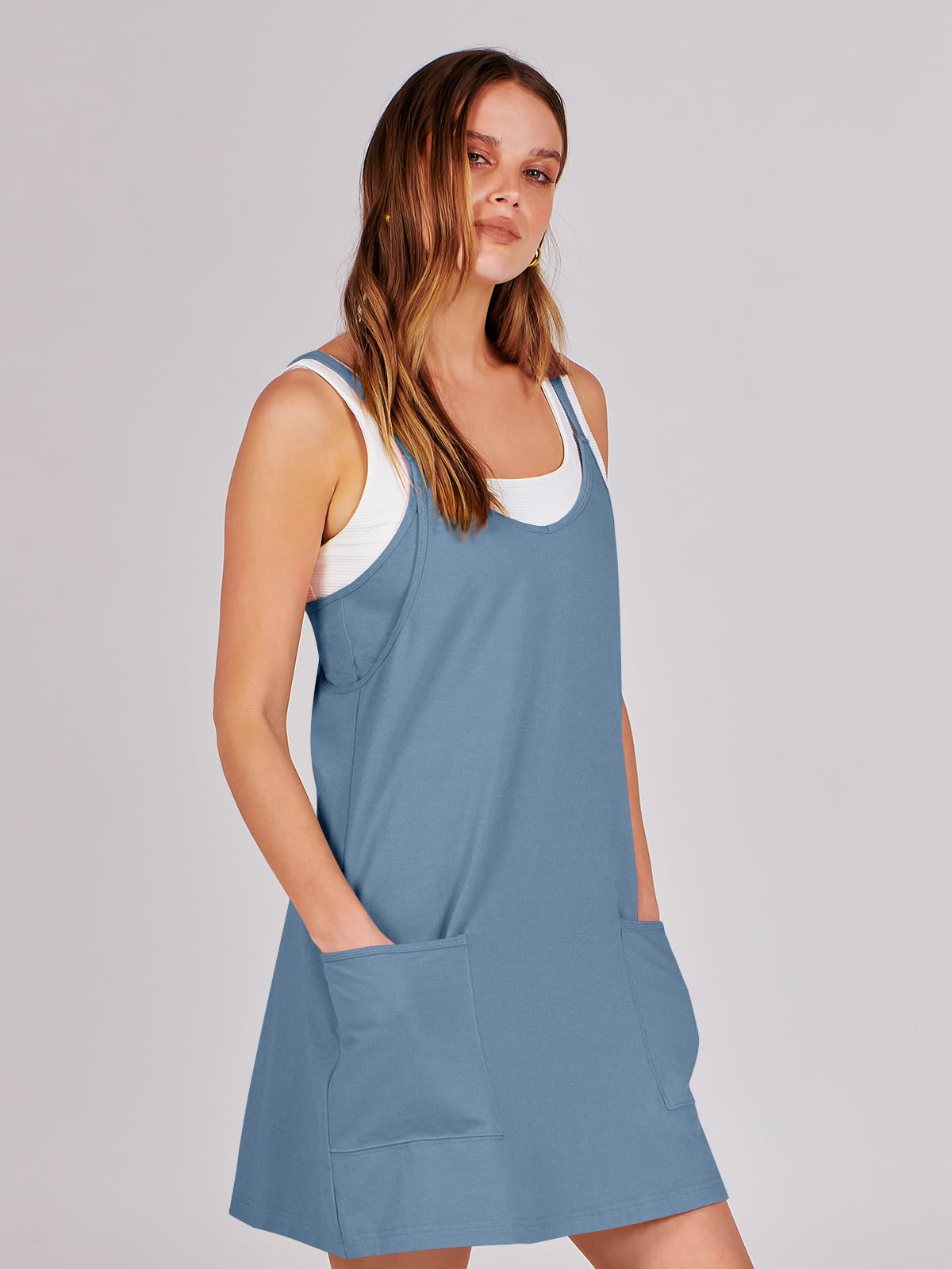 ANRABESS Women Athletic Dress Summer Tennis Workout Active Sports Mini Romper Dress Built in Shorts Travel Vacation Clothes Blue Large